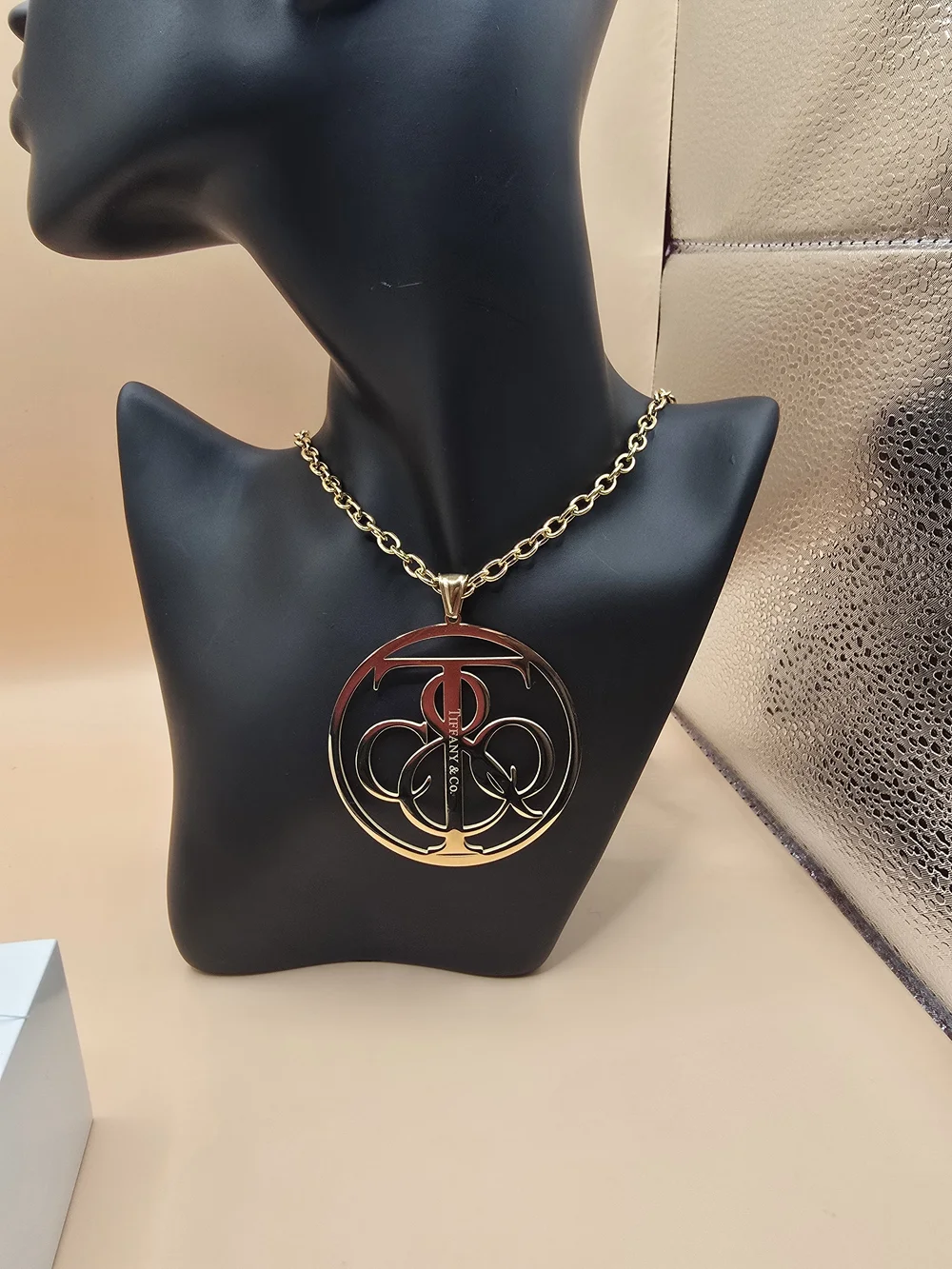 Tiffany & Co. Gold-Tone Monogram Pendant Necklace & Hoop Earrings Jewelry Set.